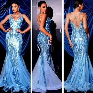Blue, Graphic,  V Neck, Sleeveless,  Case Up Back, Sequined Mermaid Gown